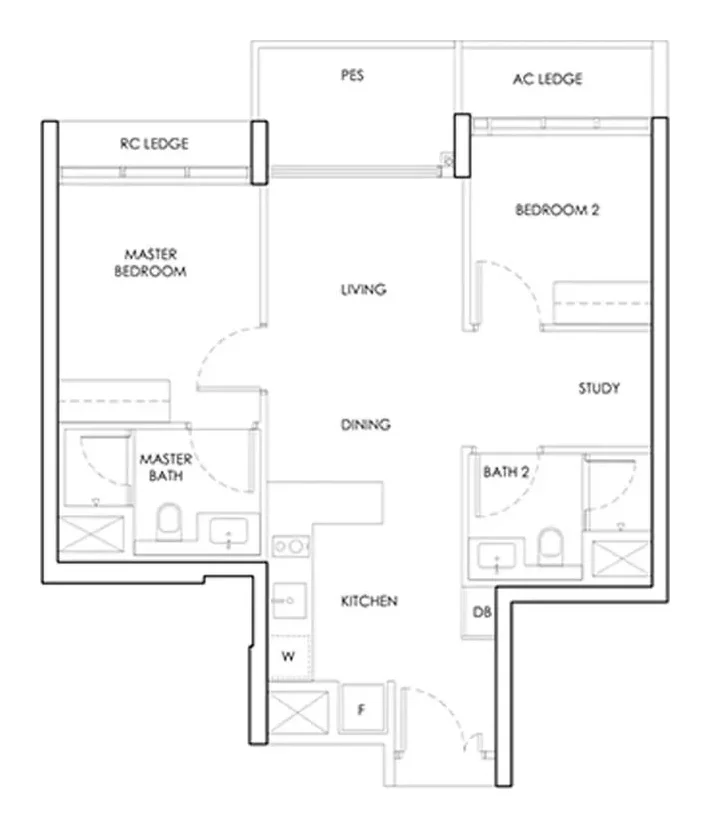 Example 2-bedroom floor plan layout for Linktown Residence, for illustration only