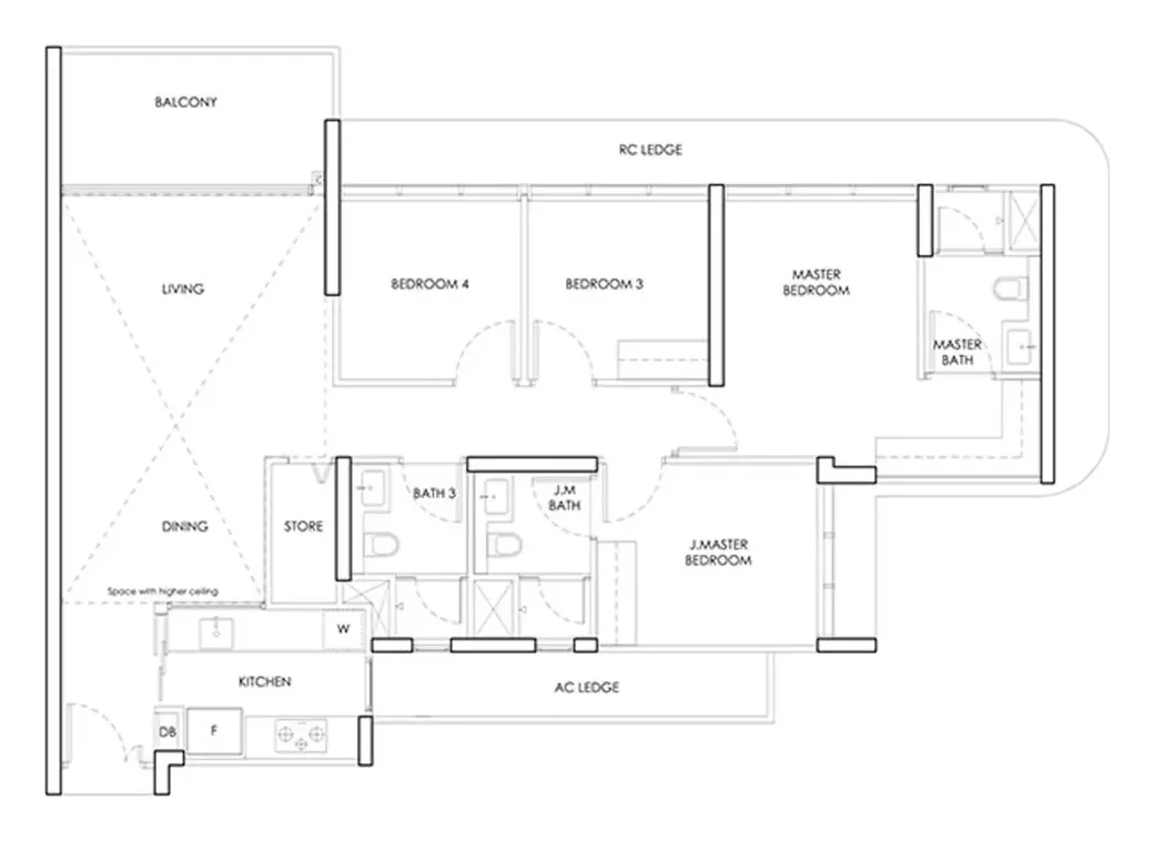 Example 4-bedroom floor plan layout for Linktown Residence, for illustration only